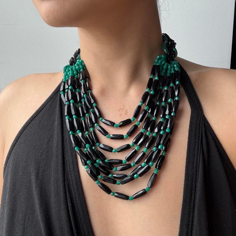 VTG Black and green beaded art deco style necklace